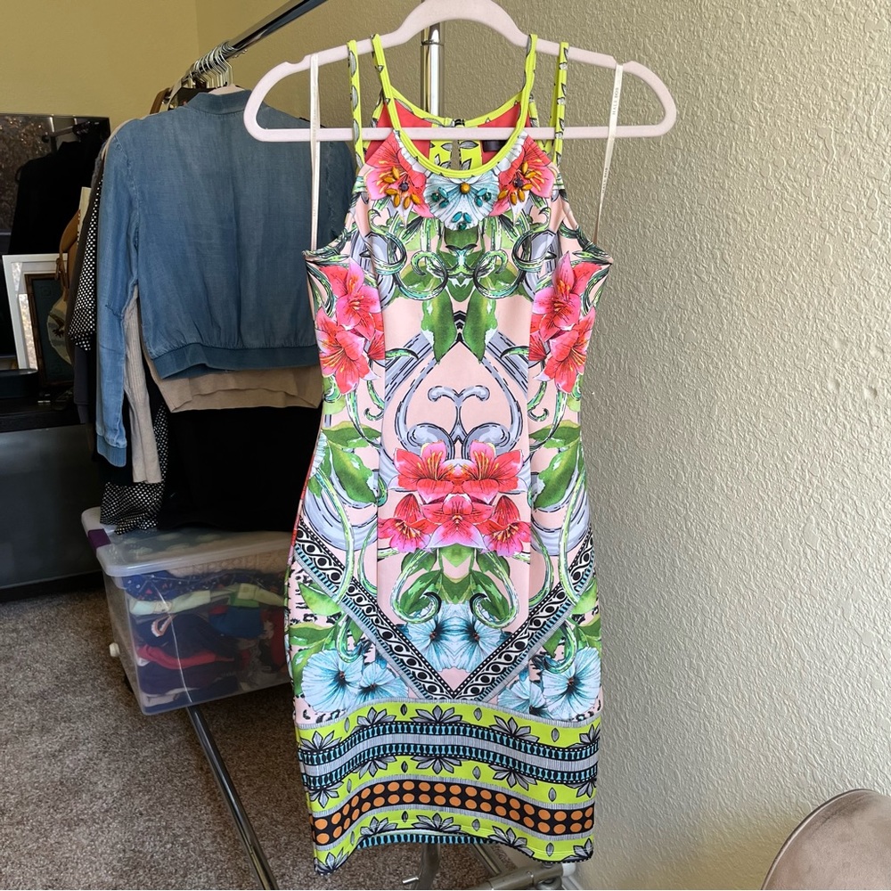 Hale Bob Pink Floral Strappy Bodycon Dress with Green and Blue Accents